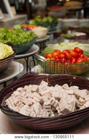 Selection of slads at a buffet bar in a luxury hotel restaurant