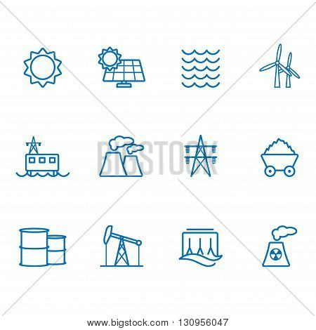 Power generator blue line icons set 12