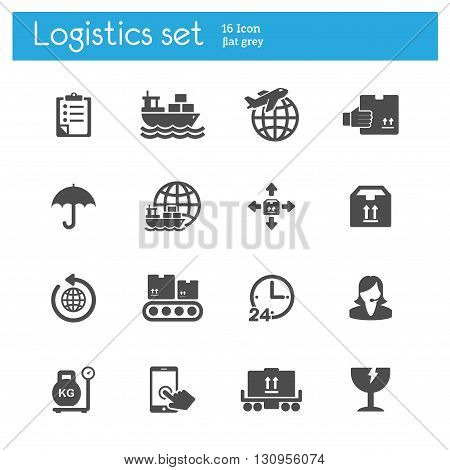 Logistics flat gray icons set of 16