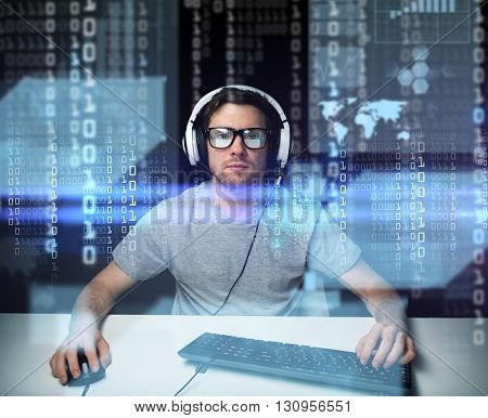 technology, cyberspace, virtual reality and people concept - man or hacker in headset and eyeglasses with keyboard hacking computer system or programming over binary code projection