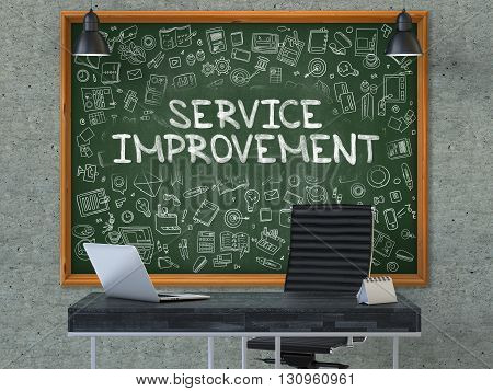 Green Chalkboard with the Text Service Improvement Hangs on the Gray Concrete Wall in the Interior of a Modern Office. Illustration with Doodle Style Elements. 3D.