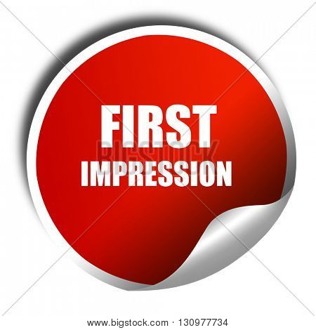 first impression, 3D rendering, red sticker with white text