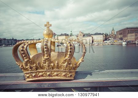 Skeppsholmsbron (Skeppsholm Bridge) With Its Famous Golden Crown In Stockholm Sweden