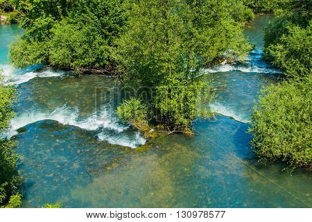 Panoramic view on beautiful waterfalls on Slunjcica river in the village of Rastoke near Slunj in Croatia