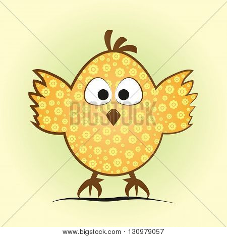 Comic little chicken in an egg shape. Funny chick with a flower pattern tufted big eyes and feet on green and yellow background.