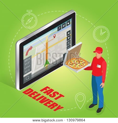 Geolocation gps navigation touch screen tablet and Fast delivery service. Pizza delivery concept. Flat 3d vector isometric illustration