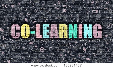 Co-Learning - Multicolor Concept on Dark Brick Wall Background with Doodle Icons Around. Modern Illustration with Elements of Doodle Style. Co-Learning on Dark Wall.