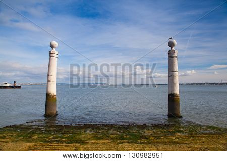 Famous Columns Wharf (Cais das Colunas) at Commerce Square Lisbon Portugal