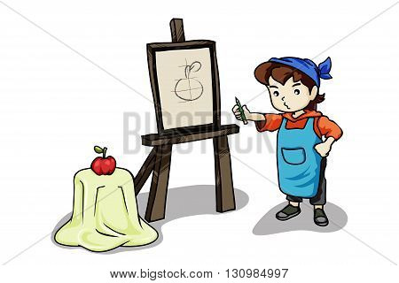 Vector illustration girl learning to draw something