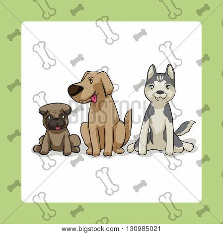 3 Dogs sitting vector cartoon style with seamless background