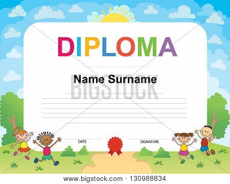Kids Diploma certificate background design template vector illustration