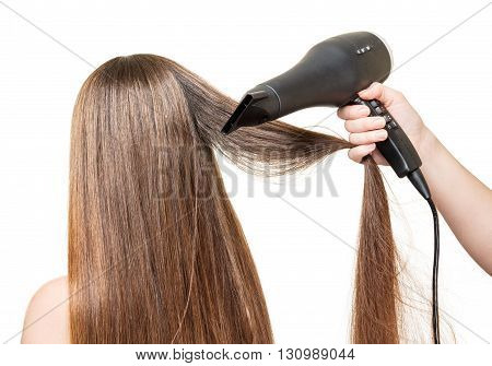 Long brown hair, and hair dryer in a hand isolated on white background.
