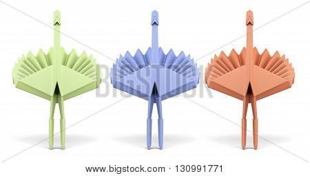 Set of paper peacock isolated on white background. 3d rendering.