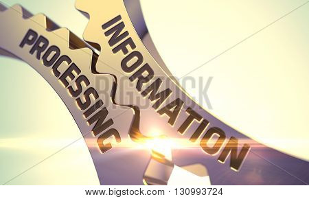 Information Processing on Golden Metallic Cog Gears. Information Processing on Mechanism of Golden Cog Gears with Lens Flare. Information Processing - Technical Design. 3D.