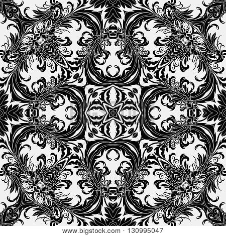 Baroque style floral wallpaper. Seamless vector pattern. Square tile. Blak on white background.