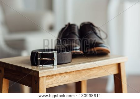 Set of groom clothes. Wedding rings shoes cufflinks and bow tie detalis fashion