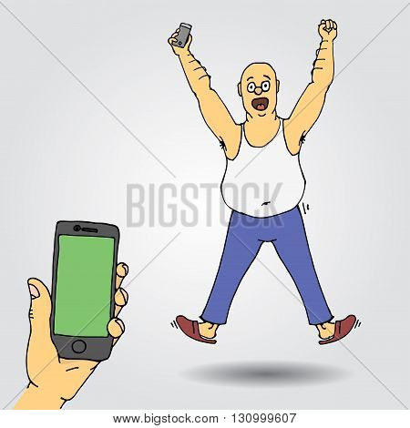 Excited  man celebrating success with hands raised. Sns winner. Hand drawn vector stock illustration