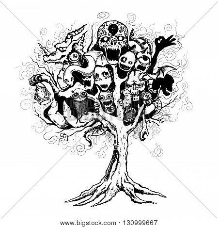 Vector illustration pen stroke tree of evil