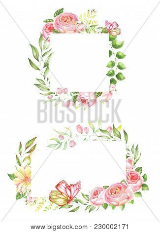 Floral Frame With Leaves. Watercolor Invitation Design. Background For Save The Dates.roses.