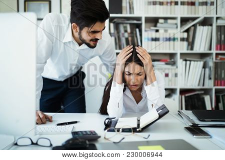 Angry Irritated Boss Reprimanding Employee Afraid To Be Fired, Accusing Of Mistake In Report, Bad Wo