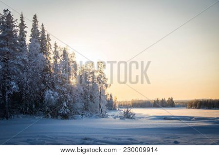 Half Frozen Raudanjoki Peat River On A Winter Day, Vaattunki, Finland.