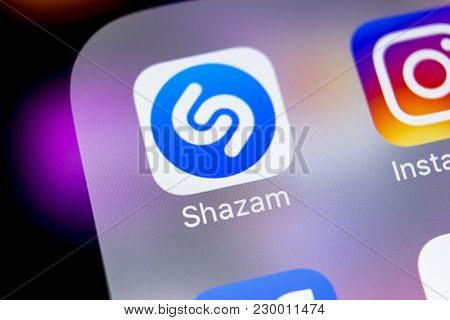 Sankt-petersburg, Russia, March 7, 2018: Shazam Application Icon On Apple Iphone X Screen Close-up. 