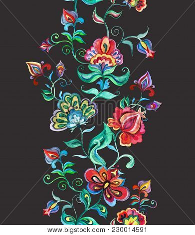Eastern European Floral Decor - Decorative Flowers At Dark Background. Seamless Floral Border. Water