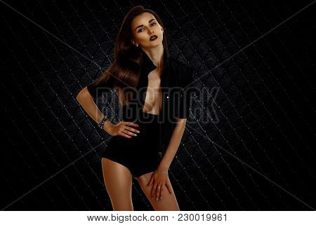 Vertical Portrait Of Charming Young Brunette In Black Jacket And Panties Without Underwear Isolated 