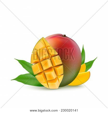 Mango Fruit For Fresh Juice, Jam, Yogurt, Pulp. 3d Realistic Yellow, Red, Orange Ripe Mango Cubes An