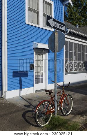Detail Of The Facade Of A Colorful House And A Bicycle, In The Marigny Neighborhood In The City Of N