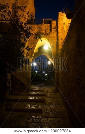 Narrow Street Of Old Jaffa, Tel-aviv At Night. Middle East.