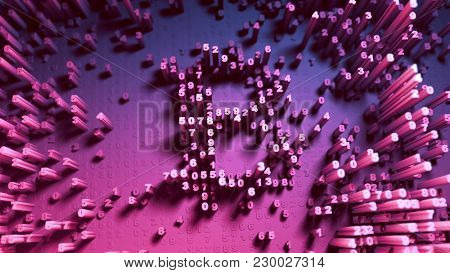 Abstract numbers Random movement in the form of coins bitcoin. 3D animation 3D rendering 4K Multicolor
