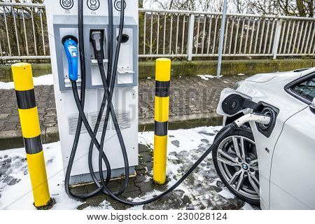Limburg , Germany - February 11 2018 : Filling Station Charging The Car In The Winter