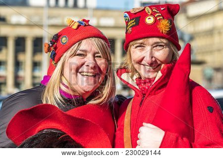 Stuttgart , Germany - February 19 2018 : Two Woman Having Fun During The Fasching Carinival The City