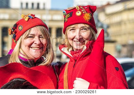 Stuttgart , Germany - February 19 2018 : Two Woman Having Fun During The Fasching Carinival The City