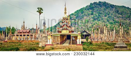 Buddhist pagoda Takhaung Mwetaw in Sankar. Myanmar. Panorama