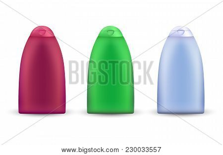 Multicolored Collection Of Cosmetics Bottles. Realistic Shampoo Bottles In Tree Different Colors Iso