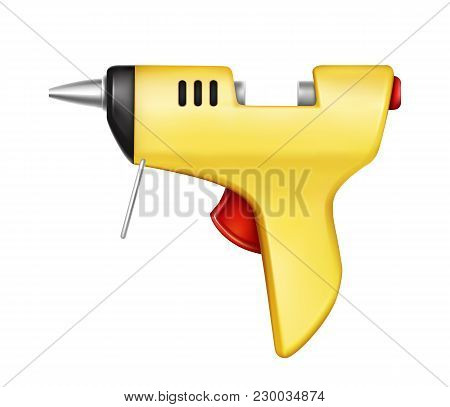 Vector 3d Realistic Yellow Glue Gun Isolated On White Background. Hand Tool For Gluing, Repairing, A