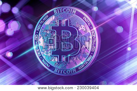 Neon Glowing Bitcoin (btc) In Ultra Violet Colors With Cryptocurrency Blockchain Nodes In Blurry Bac