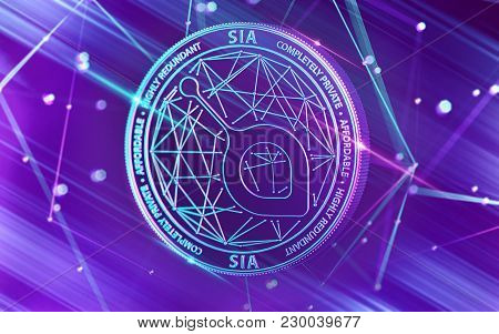 Neon Glowing Sia Coin In Ultra Violet Colors With Cryptocurrency Blockchain Nodes In Blurry Backgrou