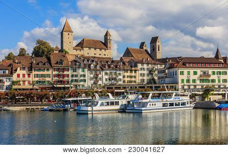Rapperswil, Switzerland - 7 September, 2015: View Of The Historic Part Of The Town Over Lake Zurich.
