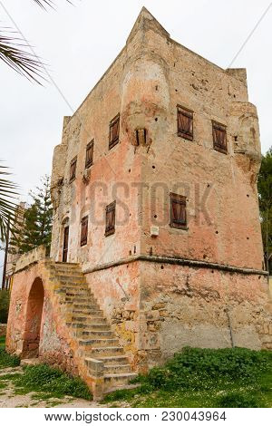 Aegina, Greece - February 19, 2018:  Historic Tower Of Markellos In The City Of Aegina, Island Of Ae