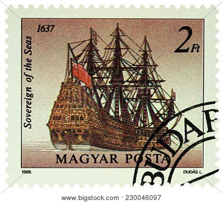 Moscow, Russia - March 07, 2018: A Stamp Printed In Hungary Shows Great English Battleship 