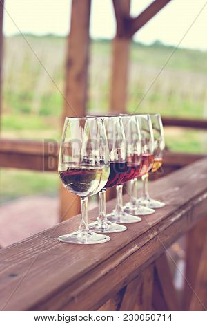 Glasses With Wine. Red, Pink, White Wine In Glasses.