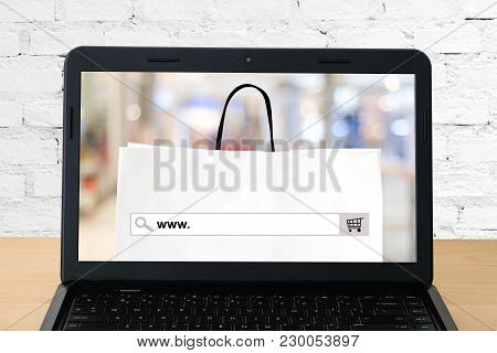 Www. On Search Bar Over Shopping Bag And Blur Store Background On Labtop Screen, On Line Shopping ,b