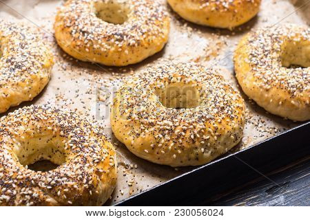 Homemade New York Bagels On Rustic Background