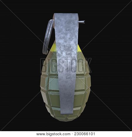 Hand Bomb Frag Grenade Green Metal With Scratches And Round Pin Over. 3d Render On Black