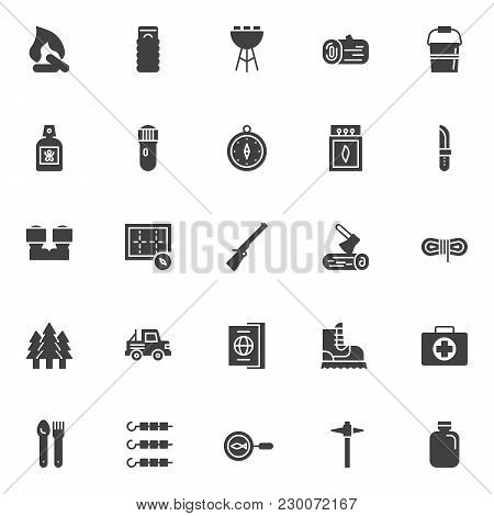 Hiking Camping Vector Icons Set, Modern Solid Symbol Collection, Filled Style Pictogram Pack. Signs,