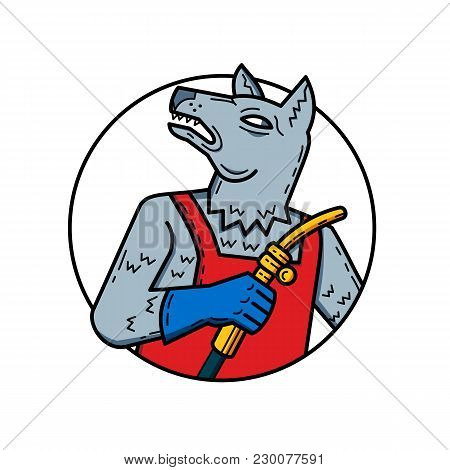 Mono Line Illustration Of Wild Dog, Wolf Or Dog Welder, ,ironworker, Pipefitter, Boilermaker, Or Mil