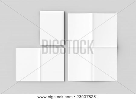 8 Page Leaflet - French Fold Right Angle Vertical Brochure Mock Up Isolated On Soft Gray Background.